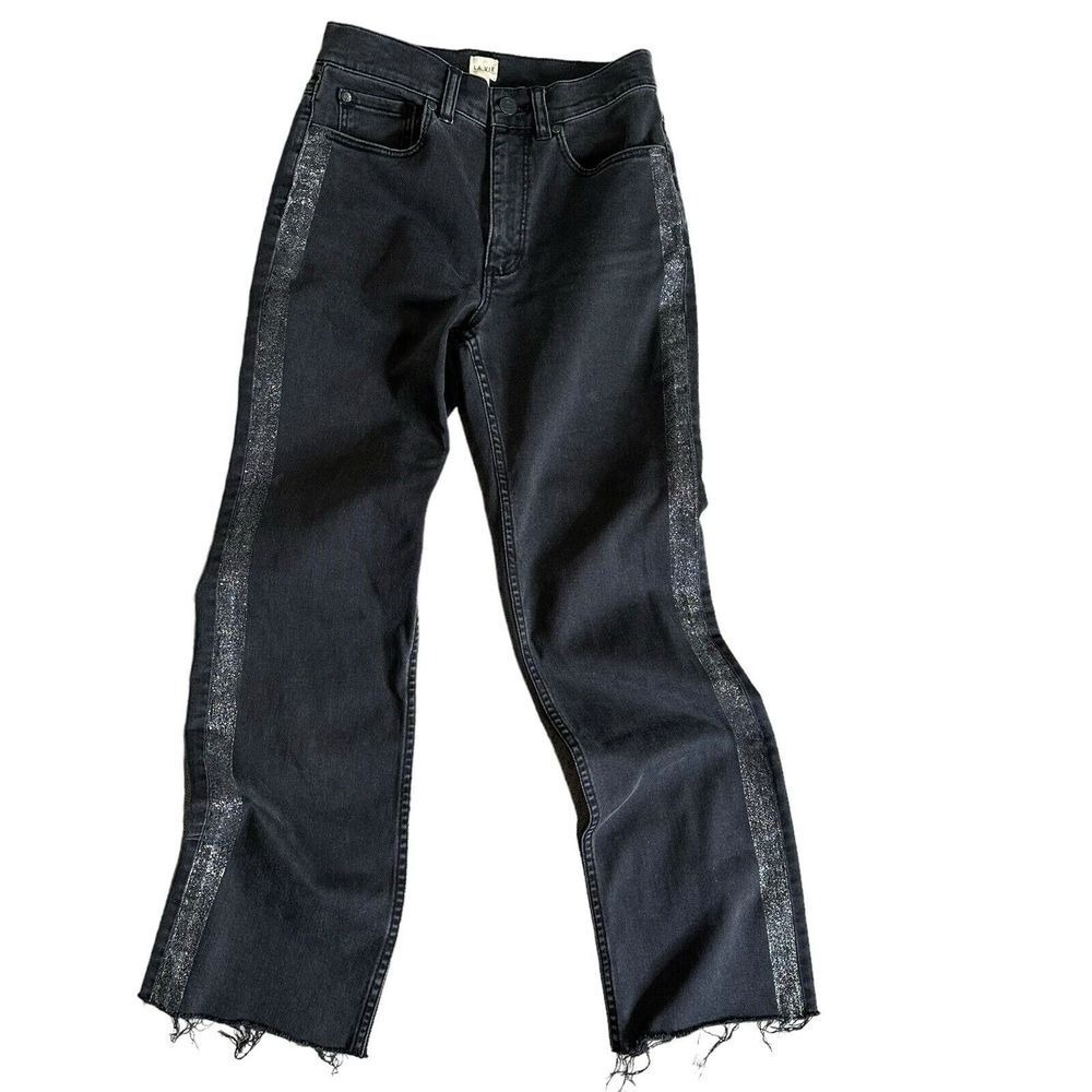 La Vie Rebecca Taylor Kick Crop Flare Frayed‎ Raw Hem 25 Washed Black Jeans